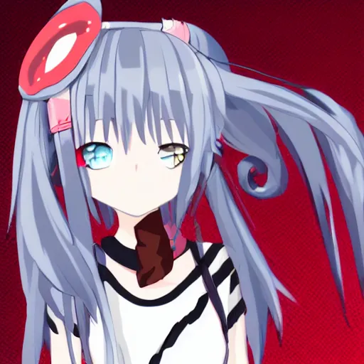 Image similar to vtuber white hair, red eyes, two little horn on the head, anime style