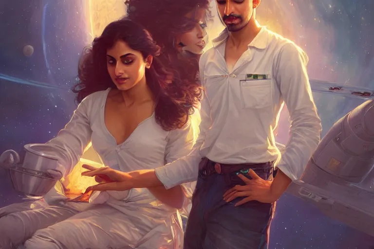 Image similar to Sensual good looking pale young Indian doctors wearing jeans in a space station above Earth, portrait, elegant, intricate, digital painting, artstation, concept art, smooth, sharp focus, illustration, art by artgerm and greg rutkowski and alphonse mucha