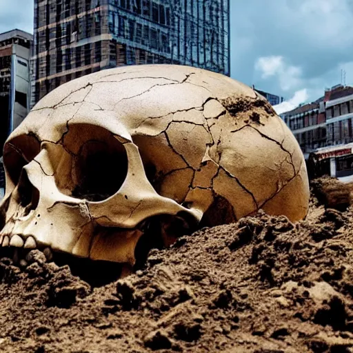 Image similar to photo of a giant skull being excavated in the middle of the city while the media gathers around it, trending on facebook, high definition, cinematic, 8 k