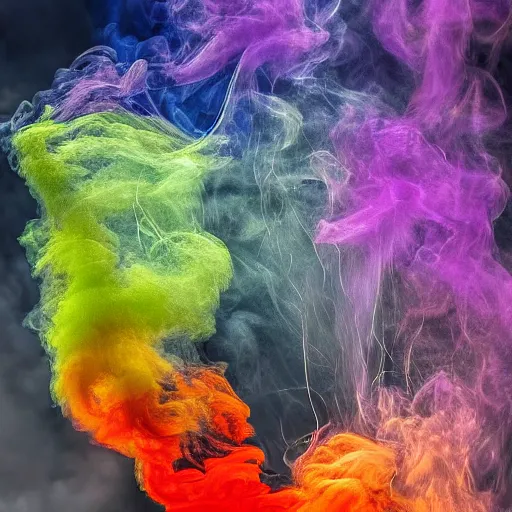 Image similar to multi color smoke, one smoke is the shape of a small ( outstretched ribbed wings and head of an ancient dragon ), billowy, hdr, 8 k, 4 k