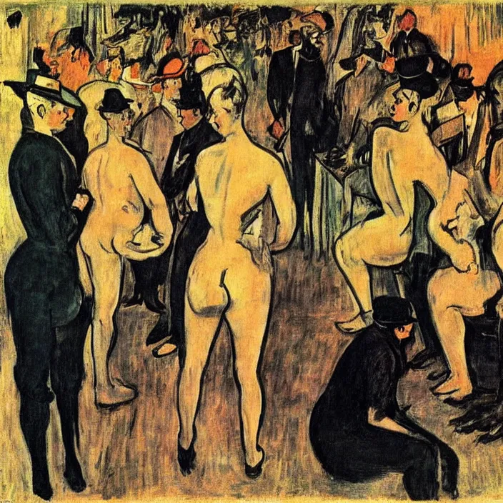 Prompt: meeting of the rhino people. henri de toulouse - lautrec, max beckmann