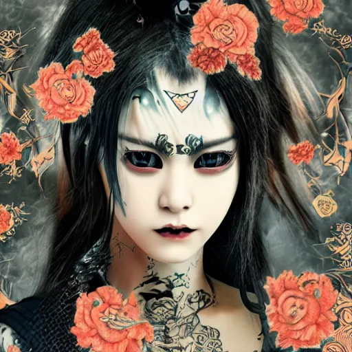 Image similar to japanese gothic model with maximalist hair style and kanji tattoos, dark colors, fashion model, portrait shot, depth of field, 8 k, hyper detailed, intricate, trending on artstation