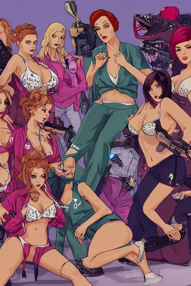 Prompt: A GTA 5 game loading screen featuring A Pterodactyl, La Llorona, a redhead Waifu, CHAPPIE in an Adidas track suit, a TVR Sagaris, and Playboy Bunnies from 1960