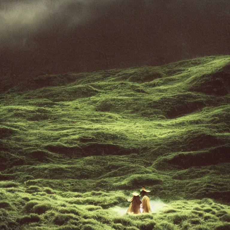 Image similar to dark and moody 1 9 7 0's artistic technicolor spaghetti western film, a large huge group of women in a giant billowing wide long flowing waving shining bright white dresses made of white smoke, standing inside a green mossy irish rocky scenic landscape, volumetric lighting, backlit, moody, atmospheric, fog, extremely windy, soft focus