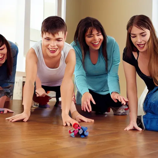 Image similar to a group of friends on all fours, playing twister.