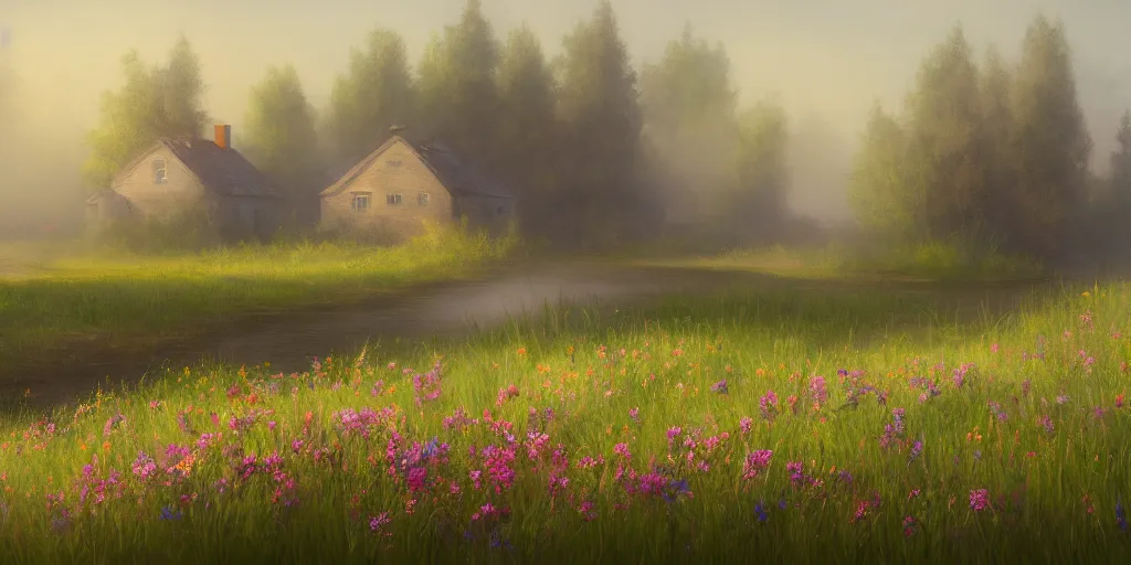 Image similar to a matte painting of a canadian prairie, cottages, foggy, patchy flowers, oil painting, pale colors, high detail, 8 k, wide angle, trending on artstation,