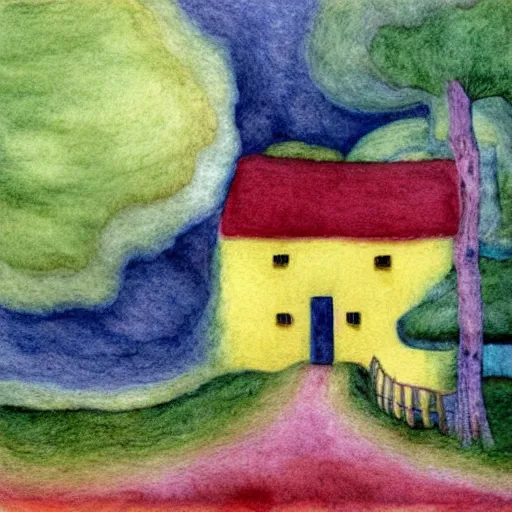 Image similar to small wooden house in the middle of spring forest, bright colours, watercolor, volumetric wool felting, macro photography, children illustration, by giorgio de chirico