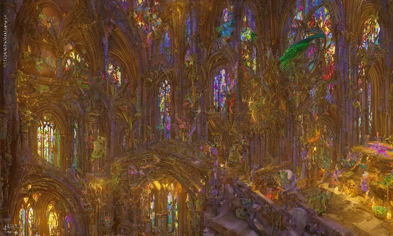 Prompt: a luminous fairytale of three magical dragons playing music on magical instruments in a colorful gothic marble cathedral with stained glass windows, there is a dragon-themed pipe organ in the great hall, in the style of Ferdinand Knab, hyper realistic, volumetric lighting, 8k, rendered in Octane, trending on CGSociety,