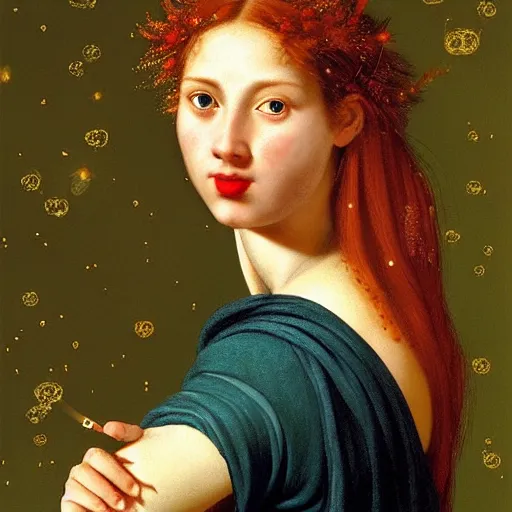 Prompt: portrait of a young woman, among the lights of golden fireflies and nature, long loose red hair, intricate details, deep green eyes, hint of freckles, round gentle face, cheeky smile with red lips, deep focus, smooth, sharp, golden ratio, hyper realistic art by artemisia lomi gentileschi and caravaggio and artgerm