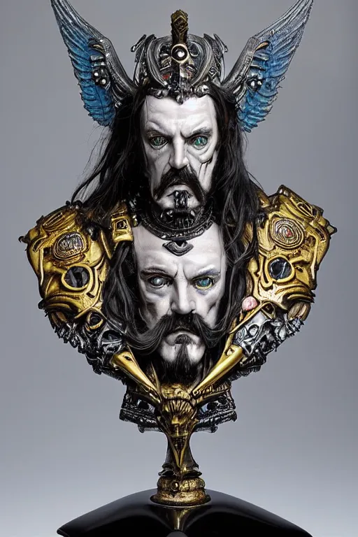Image similar to a dramatic full-color art nouveau and ironpunk styled bust portrait of lemmy kilmister as a godlike and stoic alien king, with strong judging eyes, extremely detailed, art nouveau cybenetic engraved armor and intricately detailed angel-winged crown of cosmic power, perfectly symmetrical facial structure and framework, handsome yet brutal alien facial features of ancient swarth, by simon bisley, michael kaluta and travis charest, dark sci-fantasy, deeply ornate complexity, male face and bust, human anatomy mixed with cosmic alien and cyborg characteristics, sci-fi character concept, photorealism, art nouveau framing, stunning lighting, hyperrealism, 8k