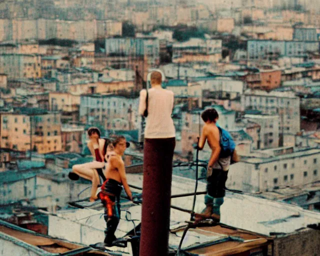 Image similar to lomo photo of roofjumpers climbing on roof of soviet hrushevka, small town, cinestill, bokeh, out of focus