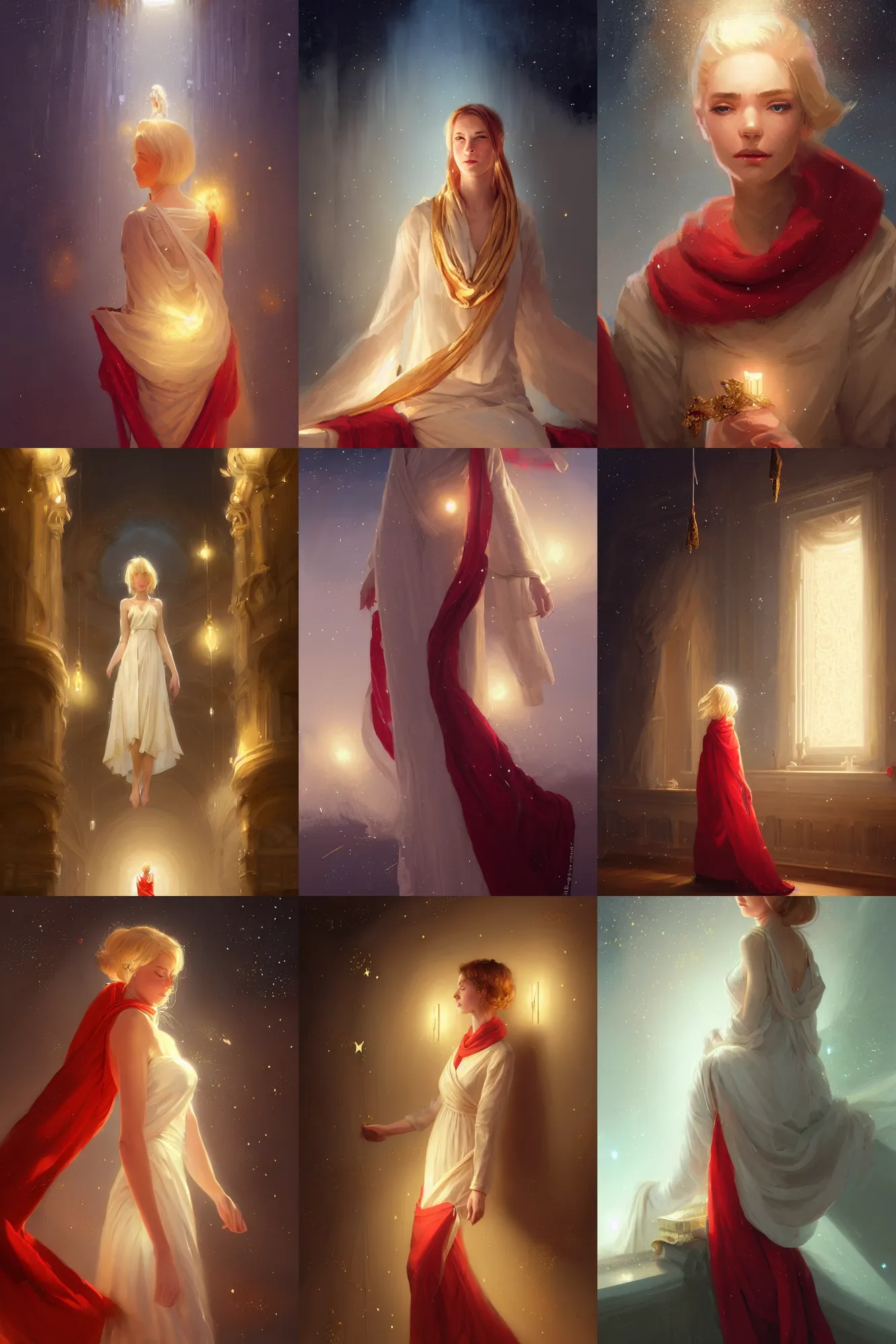 Prompt: museum curator with golden hair and a white dress and red scarf looking at image portraits on museum walls with stars and hanging silk drapery, light dust, magnificent, close up, sharp focus, elegant, highly detailed, illustration, by jordan grimmer greg rutkowski wlop maya takamura, intricate, trending artstation, pixiv, digital art