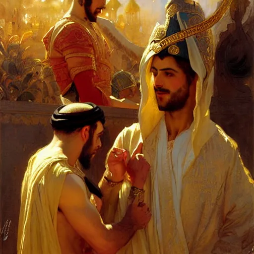 Image similar to attractive arab king confesses his love for his attractive male prince. highly detailed painting by gaston bussiere, craig mullins, j. c. leyendecker