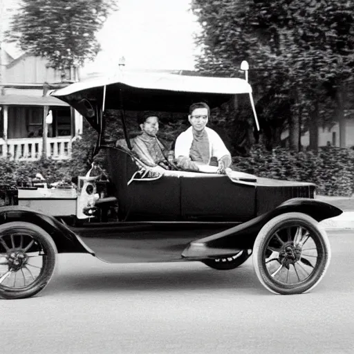 Prompt: a quokka driving a model t ford, black and white photograph