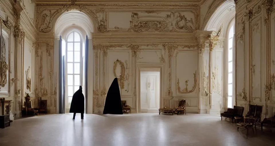 Image similar to Batman standing in giant Italian modern castle living room, clean minimalist design, that is 1300 feet tall, with very tall giant walls filled with modern art paintings, doors that are cosmic portals, photo by Annie Leibovitz