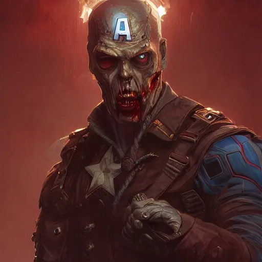 Image similar to zombie captain America, fantasy, intricate, highly detailed, digital painting, artstation, concept art, smooth, sharp focus, illustration, art by artgerm and greg rutkowski and alphonse mucha