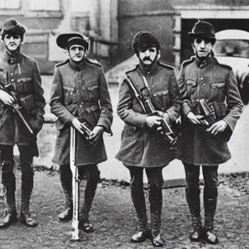 Image similar to old wartime photograph of the beatles carrying lewis guns, 1 9 1 7