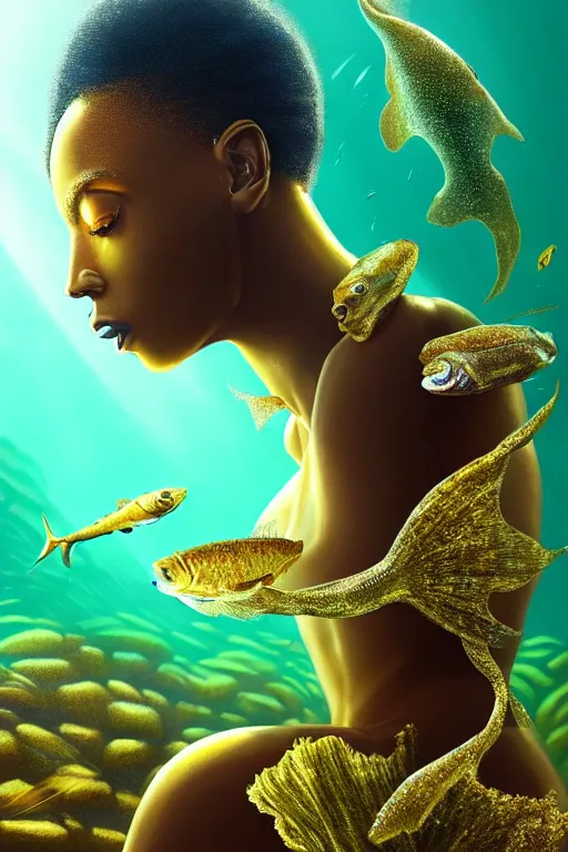 Image similar to hyperrealistic precisionist cinematic underwater scene with fish and algae, very expressive! translucent elegant african goddess, full body, gold jewerly, highly detailed face, digital art masterpiece, eric zener aykut aydogdu, volumetric light, long shot, low angle uhd 8 k, sharp focus