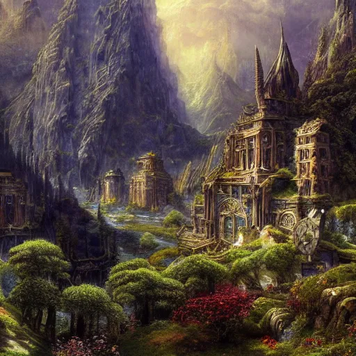 Prompt: a beautiful and highly detailed epic oil painting of an elven city in the mountains, lush valley, beautiful trees, ancient stone runes, intricate details, epic scale, insanely complex, 8 k, sharp focus, hyperrealism, fantasy landscape, psychedelic, by caspar friedrich, brian froud, albert bierstadt,