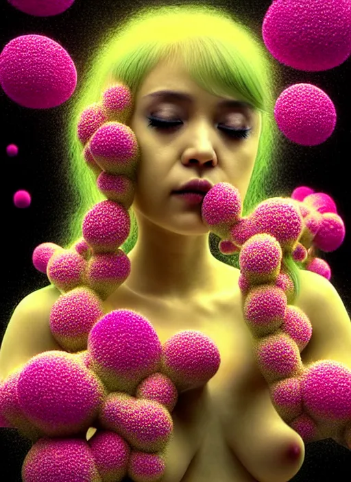 Image similar to hyper detailed 3d render like a Oil painting - kawaii Aurora (Singer) seen Eating of the Strangling network of yellowcake aerochrome and milky Fruit and Her delicate Hands hold of gossamer polyp blossoms bring iridescent fungal flowers whose spores black the foolish stars by Jacek Yerka, Mariusz Lewandowski, Houdini algorithmic generative render, Abstract brush strokes, Masterpiece, Edward Hopper and James Gilleard, Zdzislaw Beksinski, Mark Ryden, Wolfgang Lettl, hints of Yayoi Kasuma, octane render, 8k