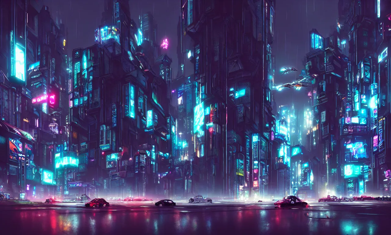 Image similar to photorealistic cyberpunk night city with flying robot and cybertruck with big mutant, digital paint, reflections, heavy rain, beautiful concept art, high detail, trending on artstation