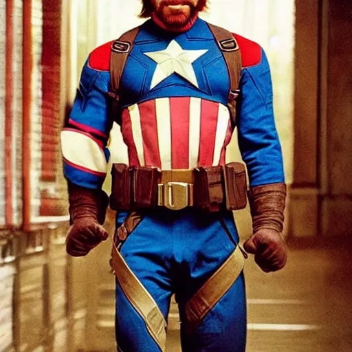 Image similar to uhd candid photo of chuck norris dressed as captain america, wearing extremely intricate costume. photo by annie leibovitz