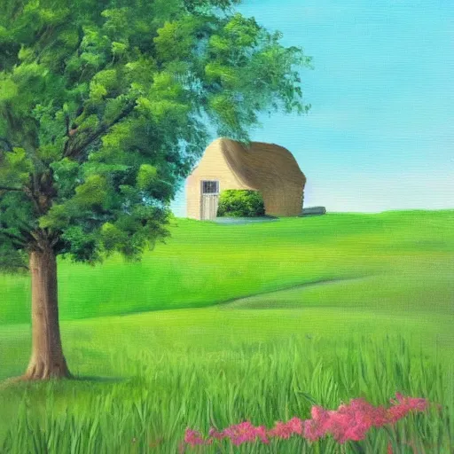 Prompt: a painting of a beautiful cottage, with a lush grass lawn, featuring a tree in the style of minimalism