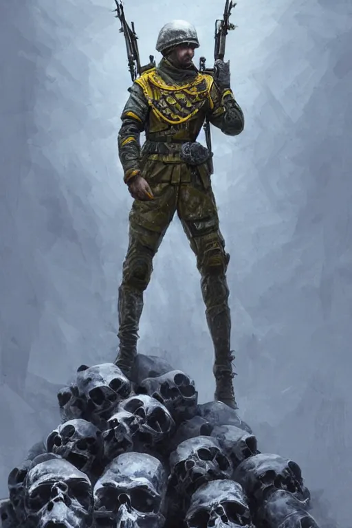 Image similar to a distant shot of a Ukrainian Call of Duty soldier with blue and yellow uniform standing alone on a pile of skulls as a winner, masculine figure, D&D, fantasy, intricate, elegant, highly detailed, extremely detailed, digital painting, artstation, concept art, matte, sharp focus, symmetrical, illustration, art by Artgerm and Greg Rutkowski and Alphonse Mucha