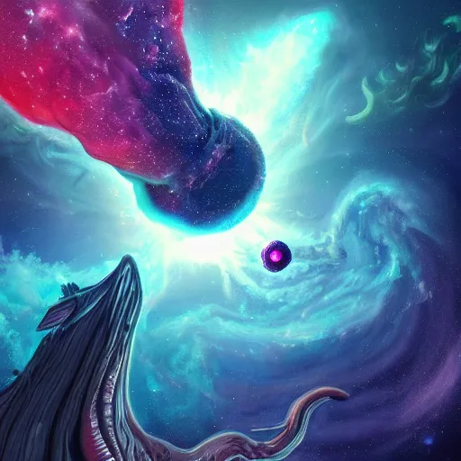 Prompt: gigantic eldritch creature floating in space with a nebula in the background, digital art, artstation, detailed, realistic