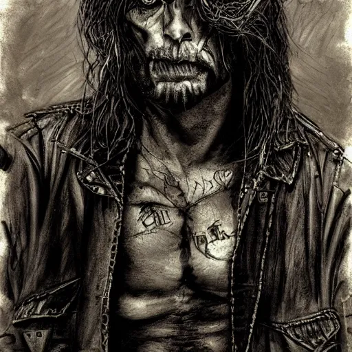 Prompt: portrait painting of an older sneering biker with a scarred face and shaggy hair in a bar, sharp focus, ultra realistic, concept art, intricate details, eerie, highly detailed, photorealistic, dark, black and white, rpg art vampire the masquerade. art by tim bradstreet