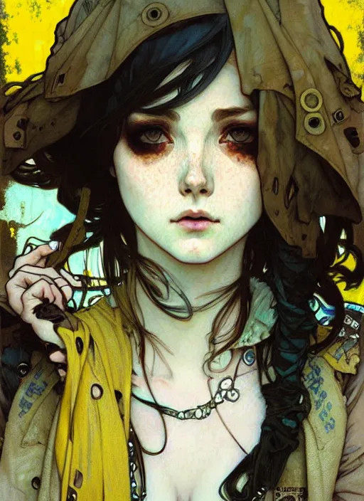 Prompt: highly detailed portrait of a moody sewerpunk young adult lady by krenz cushart, by artem demura, by alphonse mucha, by kaethe butcher, gradient yellow, black, brown and cyan color scheme, grunge aesthetic!!! ( ( graffiti tag city background ) )