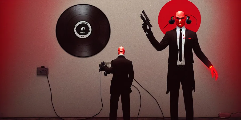 Image similar to an expressive portrait of agent 4 7 from hitman wearing headphones and holding a handgun in front of a wall of vinyl records, head being lit by red rim light, digital art, artstation, art by giger stalenhag