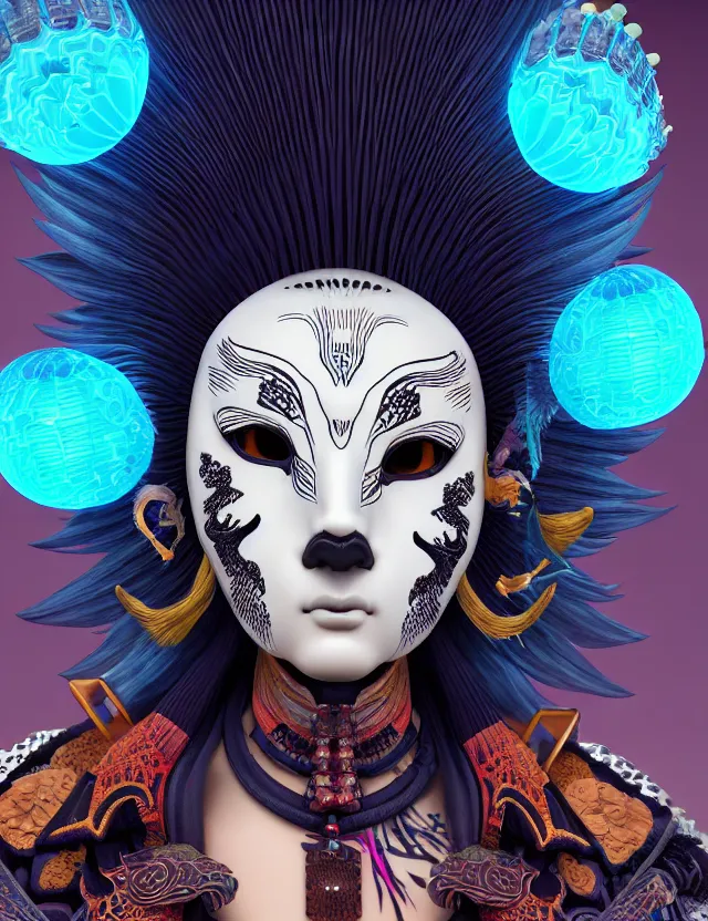 Image similar to 3 d goddess close - up profile simple portrait punk with mohawk with ram skull. beautiful intricately detailed japanese crow kitsune mask and clasical japanese kimono. betta fish, jellyfish phoenix, bio luminescent, plasma, ice, water, wind, creature, artwork by tooth wu and wlop and beeple and greg rutkowski