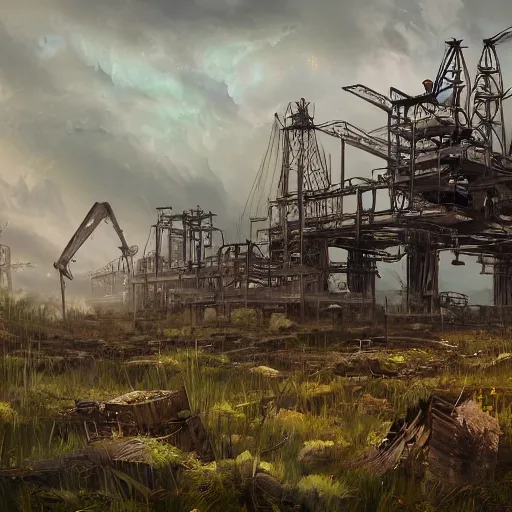 Image similar to post apocalyptic overgrown oil rig by victor moura james hayes jim kjexrud, trending on artstation, digital artwork, highly detailed, contest winner, environmental artwork, concept art