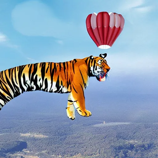 Image similar to a tiger jumping off a cliff with large open ballon parachute