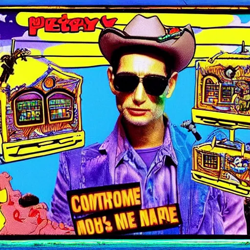 Image similar to Somewhere between Apocalypse Now and The Matrix, Cowboy Curtis on Pee Wee's Playhouse in the 80s, hyperreal intricate lifelike art by Gary Panter and Lisa Frank