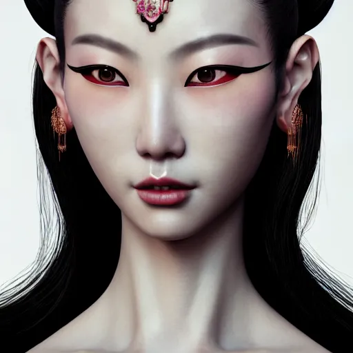 Prompt: closeup portrait of an absurdly beautiful, graceful, sophisticated, fashionable cyberpunk chinese woman, cunning queen, loved by her people, an ultrafine hyperdetailed illustration by irakli nadar, matt wisniewski style, intricate linework, porcelain skin, unreal engine 5 highly rendered, global illumination, radiant light, detailed and intricate environment