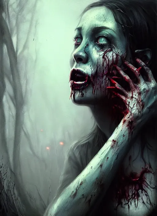 Image similar to epic portrait cinematic shot an female covered in black substance screaming in agony and becoming a zombie, apocalyptic backround, creepy, scary, fine details. night setting. realistic shaded lighting poster by craig mullism, artgerm, jeremy lipkin and michael garmash, unreal engine, radiant light, detailed and intricate environment, digital art, trending on art station,