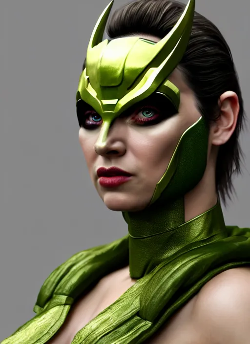 Image similar to Billie as Female Loki, Goddess of Mischief, sci fi, elegant, olive skin color, hyper realistic, hyper detail, very detailed, digital art, trending on artstation, smooth render, 8k blender render,