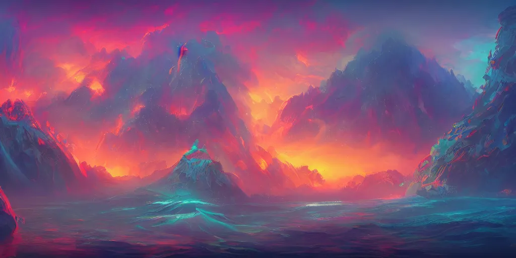 Prompt: sea of magic, 2 d, trending on artstation, illustration, fantasy, 4 k, colourful, vibrant, digital painting