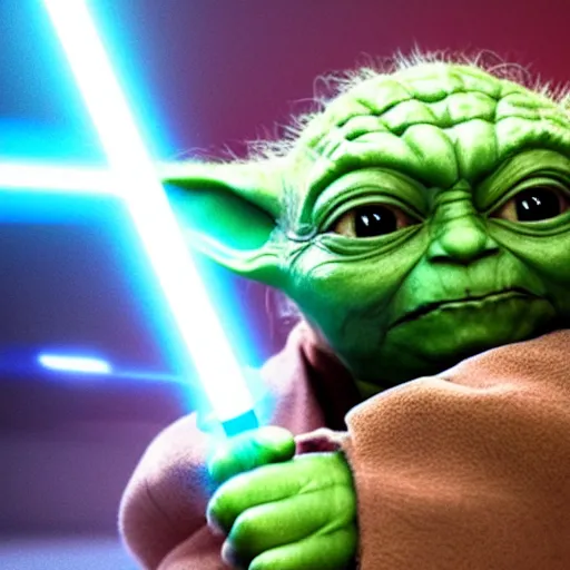 Image similar to elon musk fighting yoda wwith a lightsaber, sharp, detailed face, 8 k, octane render