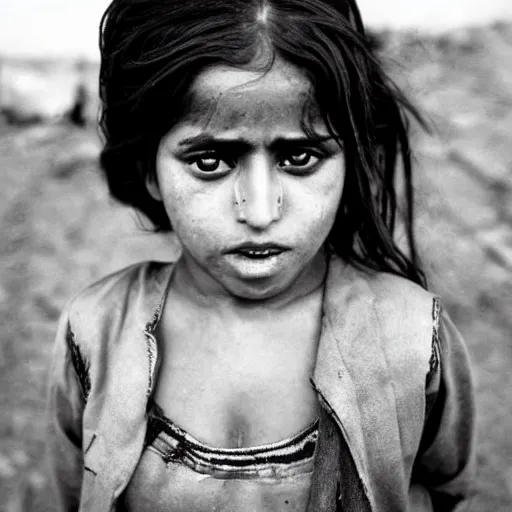 Prompt: selma hayek photograph, the haunting expression, a mixture of pain and resilience, of a child thought to be around 1 2, was dubbed the afghan girl. she became a symbol of war, displacement and defiance after american photographer steve mccurry captured her image in a refugee camp in peshawar, on the afghanistan - pakistan border.