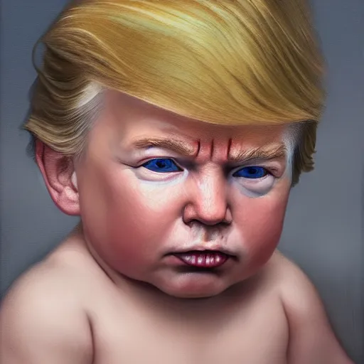 Prompt: portrait donald trump as a baby, fine art, award winning, subtle earthy tones, intricate, elegant, sharp focus, cinematic lighting, digital painting, 8 k concept art, by michael hussar and greg manchess and brom and z. w. gu, 8 k