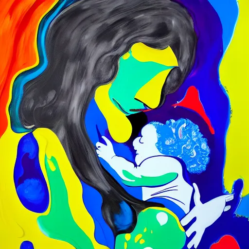 Image similar to a painting of a woman holding a baby, an ultrafine detailed painting by peter max and fiona rae and hernan bas and anna mond, featured on deviantart, metaphysical painting, biomorphic, fauvism, mixed media, photorealistic, dripping paint, palette knife texture, masterpiece