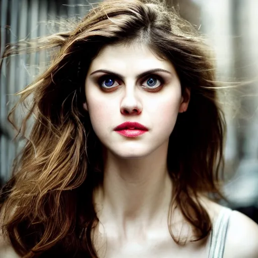 Image similar to closeup portrait of alexandra daddario in a smoky new york back street, photograph, natural light, sharp, detailed face, magazine, press, photo, Steve McCurry, David Lazar, Canon, Nikon, focus