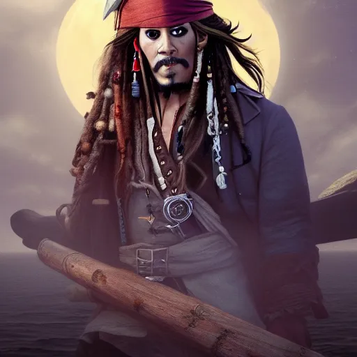 Prompt: Captain Jack Sparrow is looking all over an island for his rum, the moon is rising on the horizon, stars glistening in the night, hyperdetailed, artstation, cgsociety, 8k