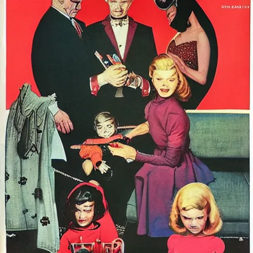 Image similar to Satani States of America, alternate history, 1959 Stepford suburban living, nuclear family, Satanic family, gothic children, drawn by Norman Rockwell