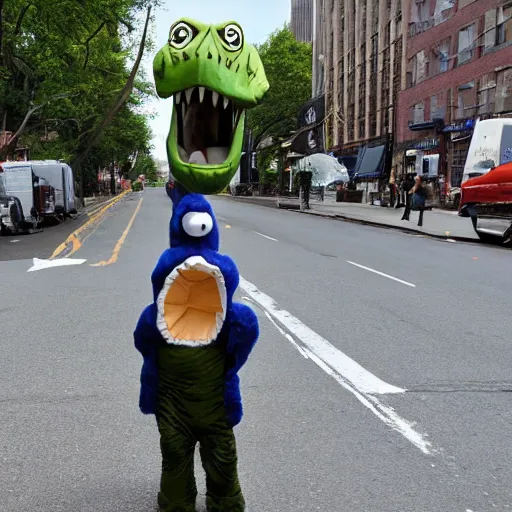 Image similar to a dinosaur staring at a person in a dinosaur costume, in the middle of a road in new york.