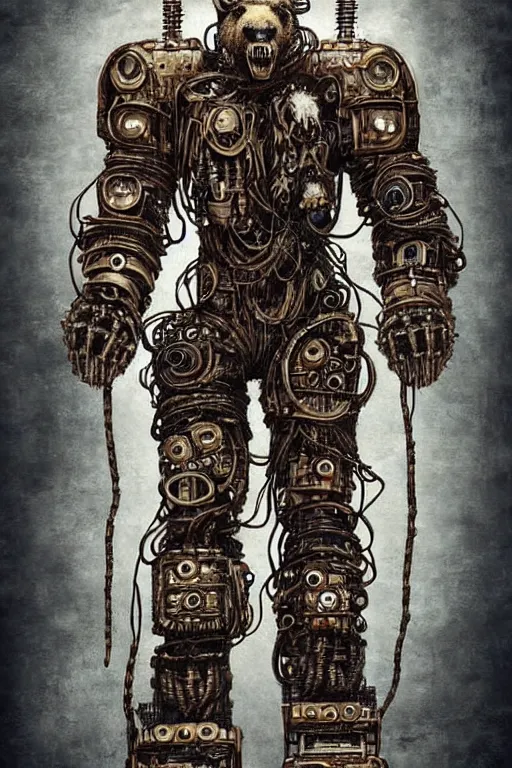 Image similar to wild monstorous anthropomorphic biomechanical bear warrior wearing dreadlocks made of cables and wires. Upgraded with hightech cyberwares. huge, big, giant bear human hybrid, mecha animal, tall, detailed woodcut armor, terrifying and dangerous, scary, beautiful, steampunk monster android hybrid art portrait, matte scifi fantasy painting, half robot half bear. DeviantArt Artstation, by Jason Felix by Steve Argyle by Tyler Jacobson by Peter Mohrbacher, cinematic lighting