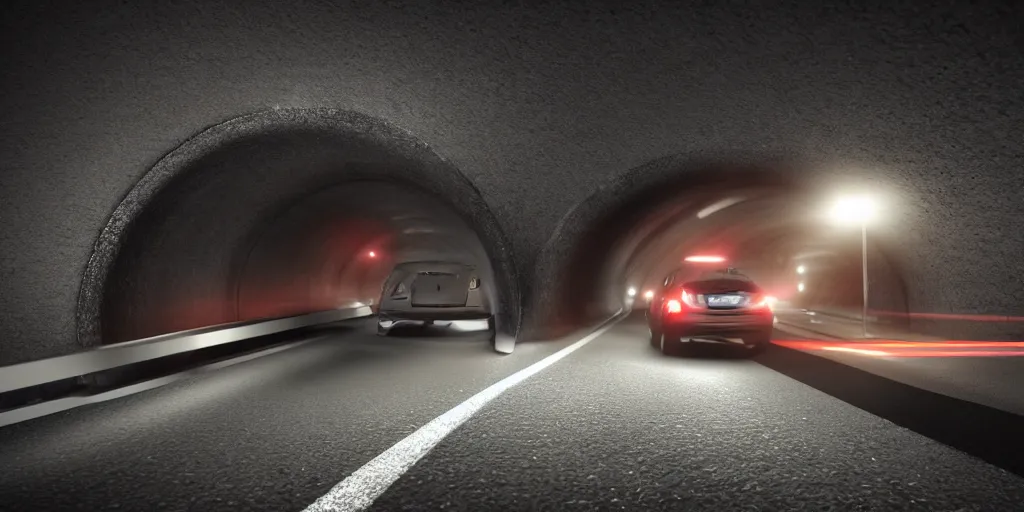 Prompt: a car driving through a tunnel at night, there's a girl standing on the car and two boys are driving the car, strobe light, realistic, 8 k